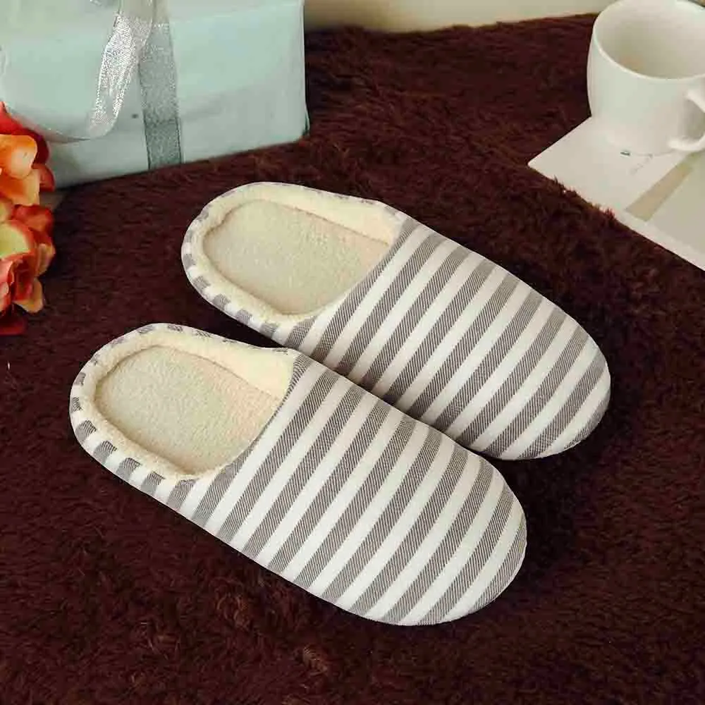 

Non-Slip Slippers Warm Plush Unisex Comfort Home Floor Slipper Women House Shoes 2024 Soft Striped Indoor Mute Cotton Slippers