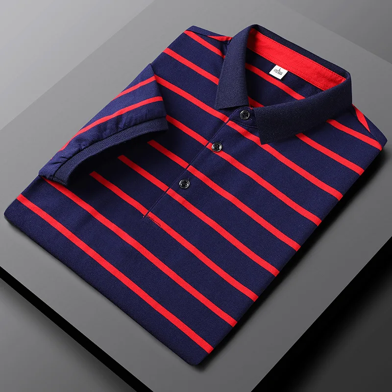Men Summer Thin Stripe Polo T-shirt Short Sleeve Turn-down Collar Soft Pique Fabric Daily Casual Tees