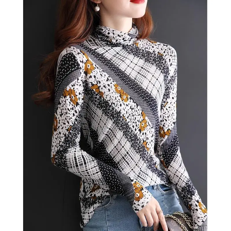 Autumn New Printed Sweaters Ultra-fine Wool Thin Long-sleeved Inner Wear Age-reducing Slim Fit Trendy Bottoming Shirt