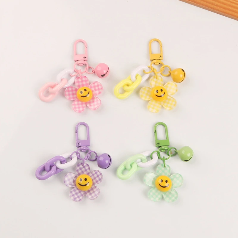 Lovely Sunflower Smiling Bell Pendant Keychain Women Candy Color Bag Key Charms For Gift