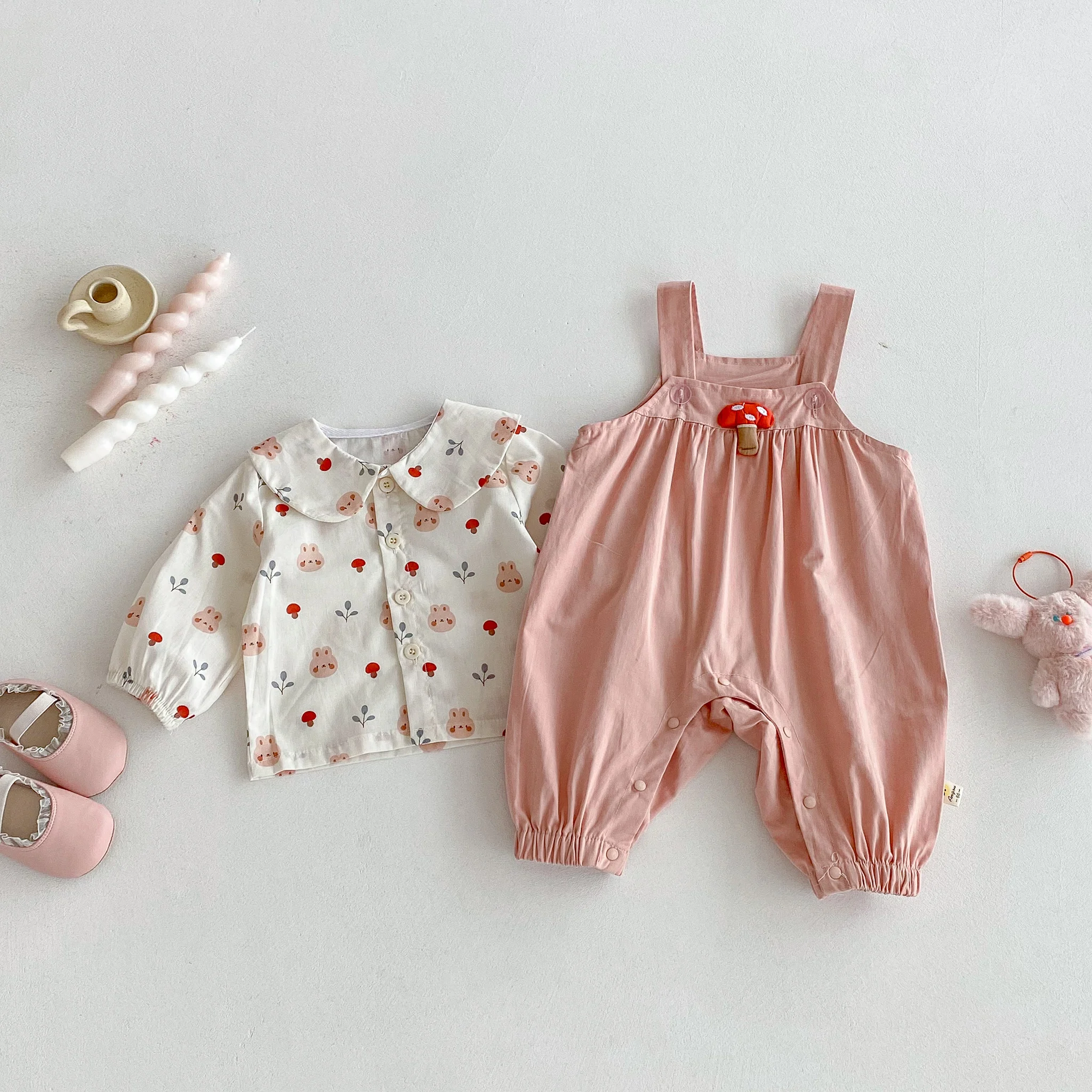 Autumn baby girl's small lapel shirt, mushroom overalls, infant and toddler Korean-style one-piece suit