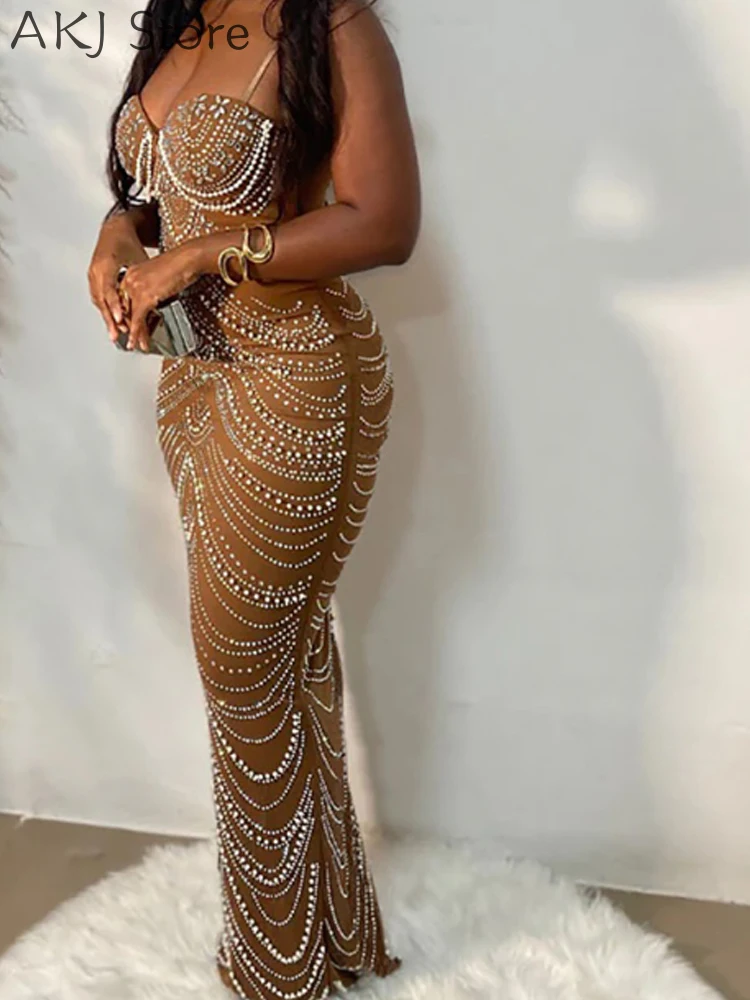 Sexy durchsichtiges Mesh-Perlen-Strass-Patchwork-Partykleid