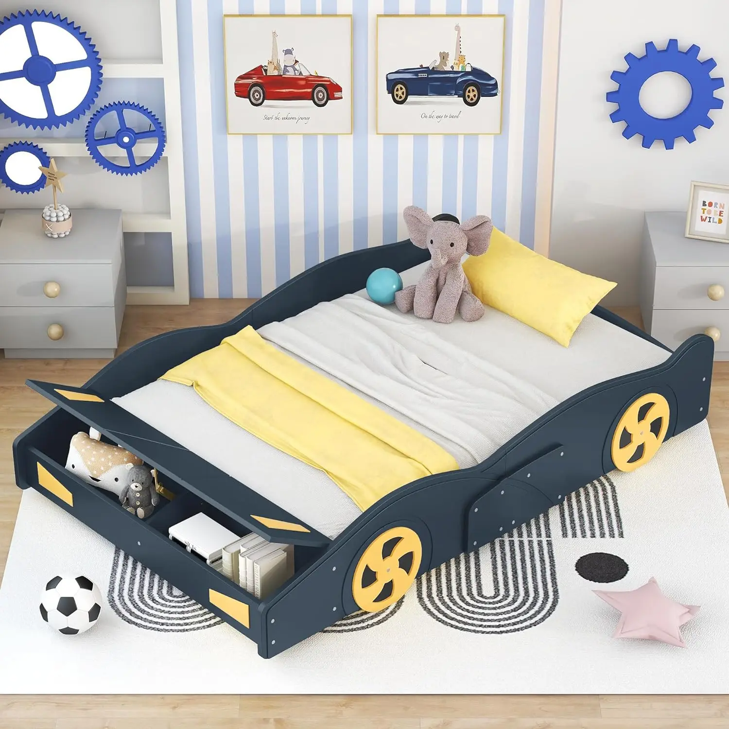 Cama de plataforma en forma de coche clásico de tamaño doble con ruedas, marco de suelo de madera con diseño de puerta, fácil de montar, muebles de coche de juguete