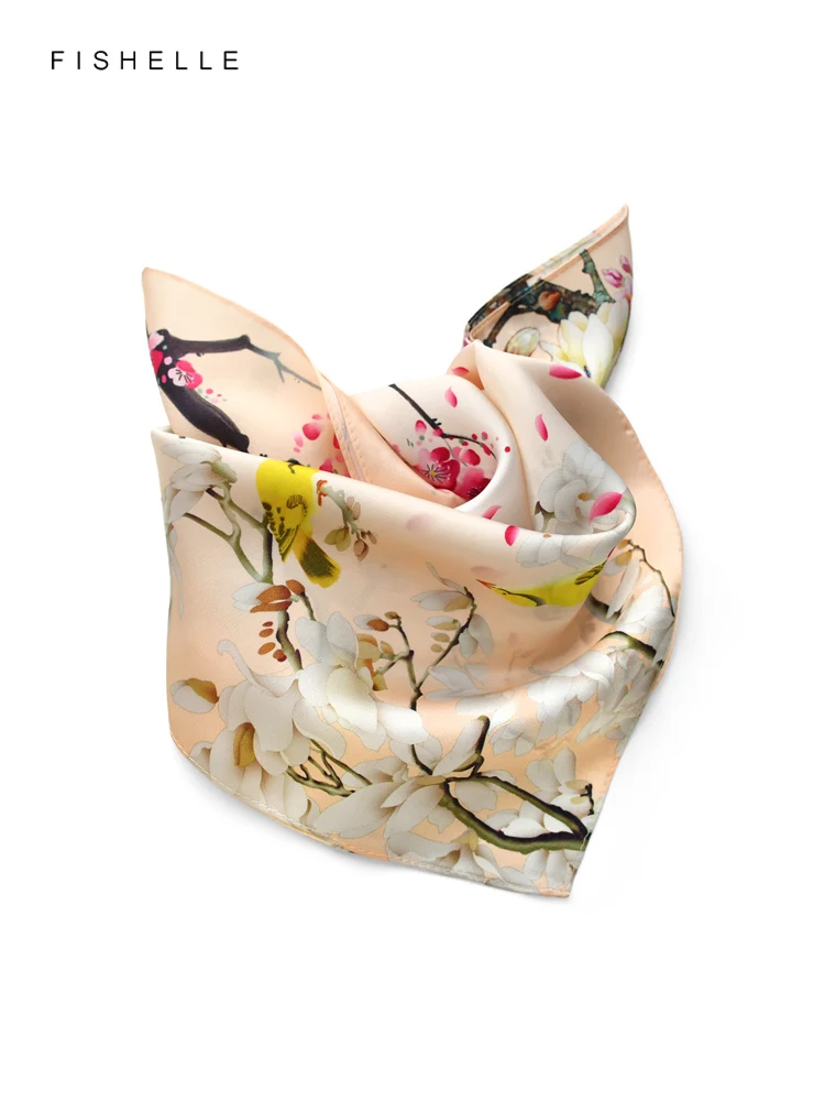 Chinese style flower bird painting natural silk small square handkerchief real silk scarves women\'s scarf neck scarves woman