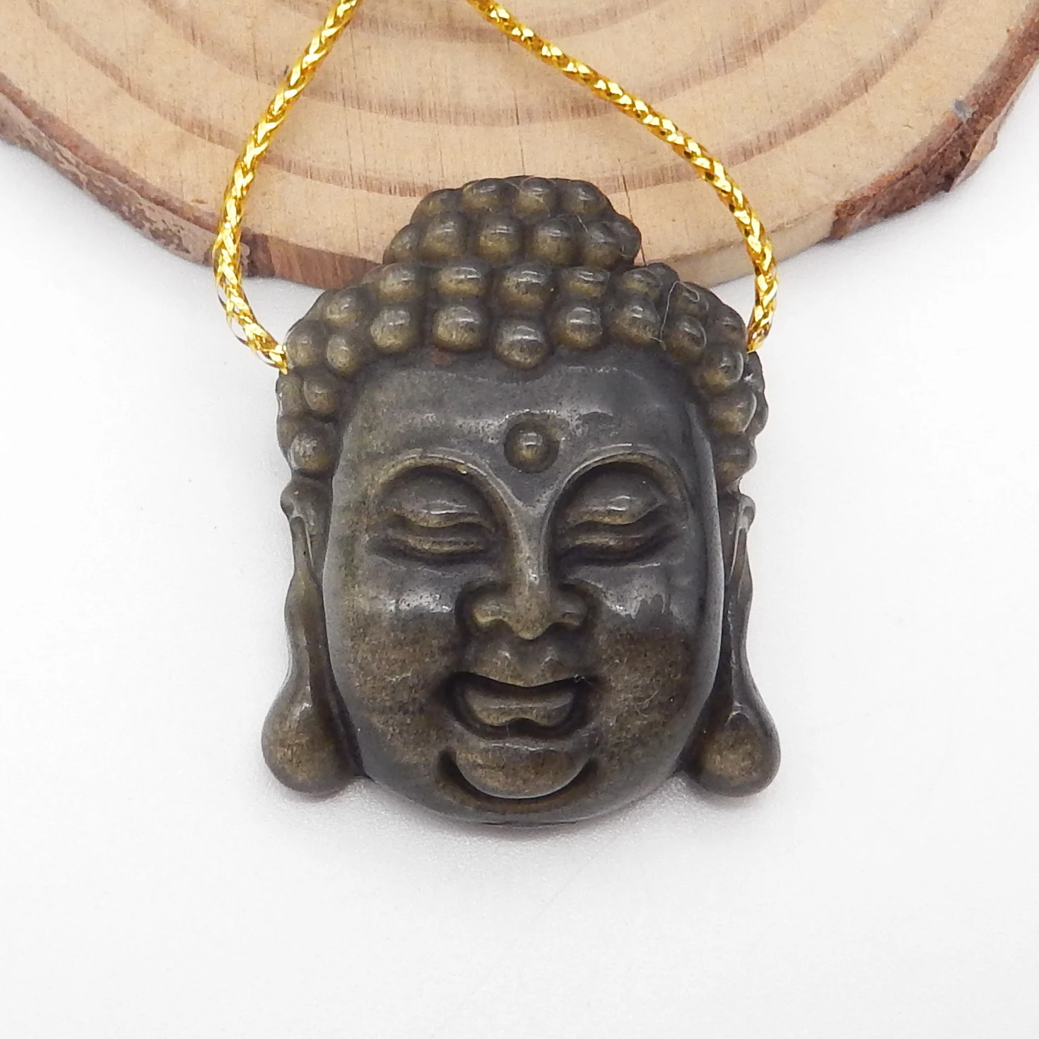 Natural Gold Obsidian Hand Carved Buddha Head Pendant Bead,Semiprecious Fashion Jewelry Necklace Accessories