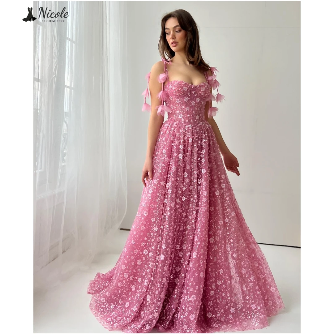 

Nicole Wide Shoulder Straps Women's Evening Dresses 2025 Woman Custom Made Wedding Ceremony Dresses Line A 2D Embroidery Flowers