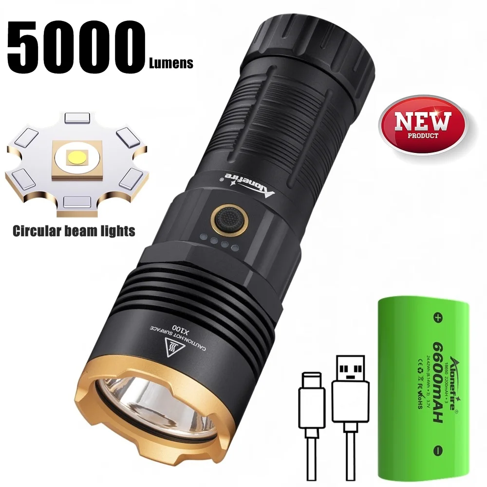 50W LED High Power Flashlight Round Beam Light Powerful 6600mAh USB Rechargeable Outdoor Hunting Camping Hiking Fishing Torch