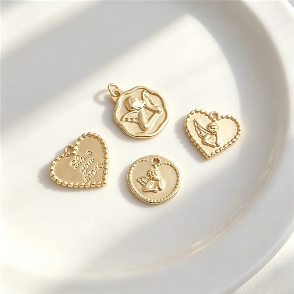 14K Gold Plated Brass Box Chain Angel Heart Charms, Angel Tag Pendants DIY Bracelet Necklace Jewelry Findings