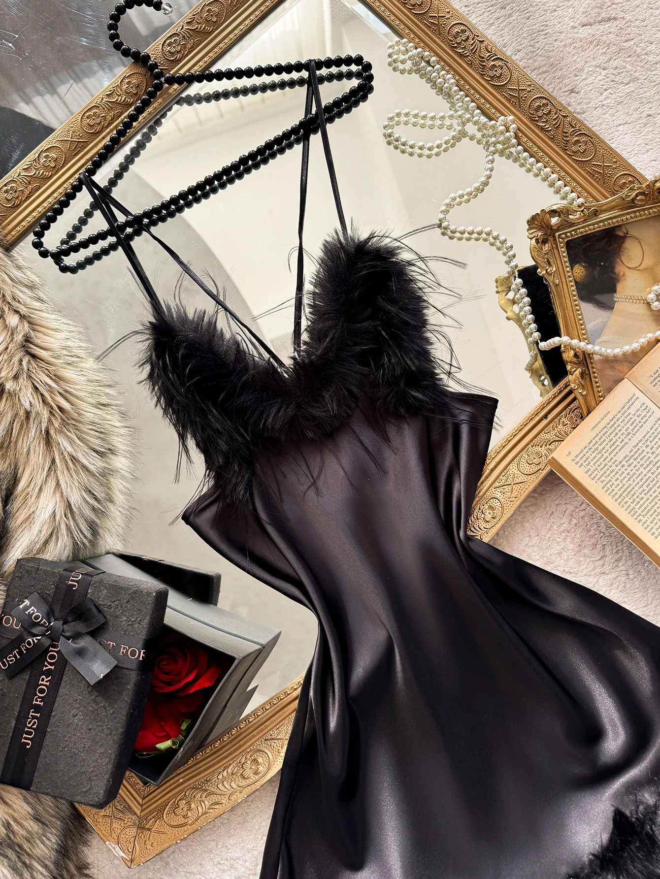 Women Feather Trim Slip Nightgown V Neck Spaghetti Strap Fashion Sleep Dress Sexy Ladies Pajamas For Home or Party view 5