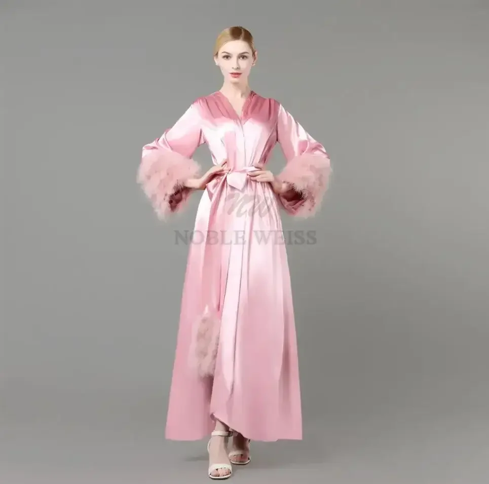 Party Robe Maternity Prom Dresses Long Sleeves Fur Evening Gowns Kimono Pregnant Party Sleepwear Women Bathrobe Sheer Nightgown