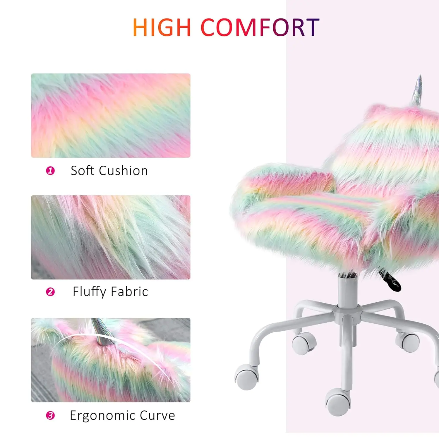 Fluffy Unicorn Office Chair, Mid-Back Support, Rainbow | with Armrest Support, 5 Star Swivel Wheel, White Base, Customized view 5