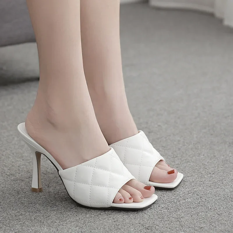 20212021 Toe Red Mule Heels Shoe Black PU High Heel Shoes Women Sandals Sliper Woman Shoes Zapatos Mujer