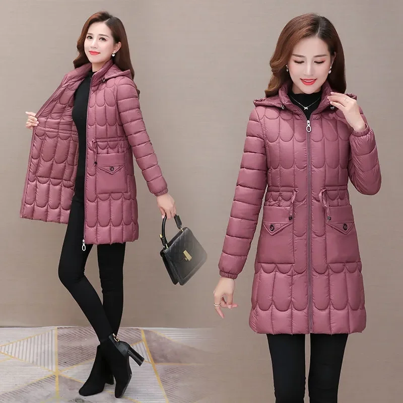 Down Padded Coat Mid-Length Cotton Coat 2023 Winter New Waist Thin Momwear Removable Cap Waist Thin Fashion Women Padded Jacket