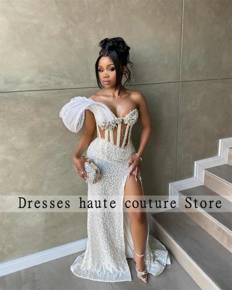 Aso Ebi White Beaded Lace Slit Mermaid Evening Dresses 2025 For Black Girls Crystals Prom Dress Birthday Party Dress Customized