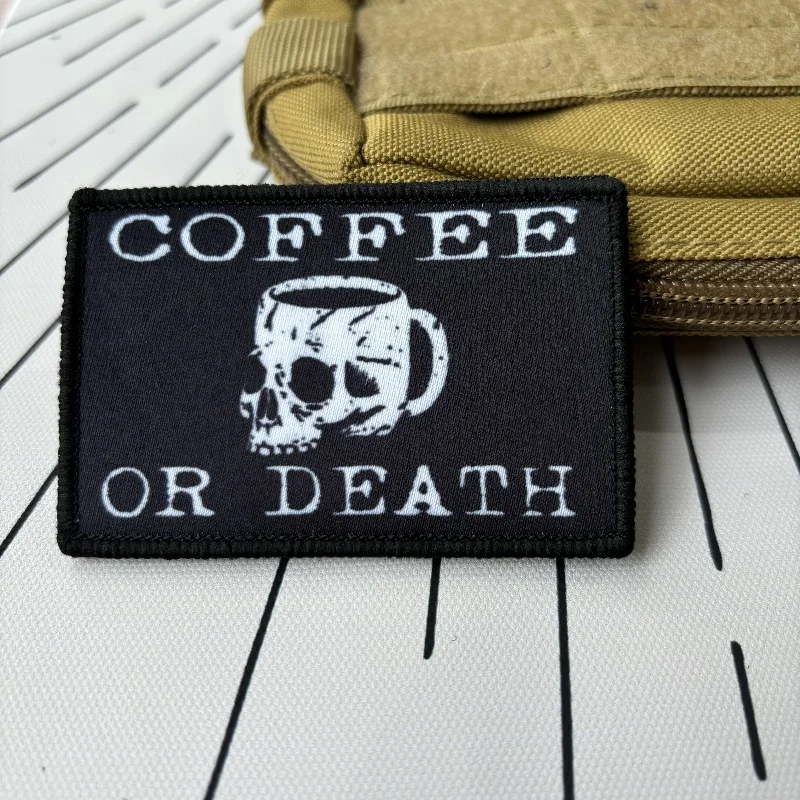 

Coffee or Death Morale Tactical Patches Printed Skull Hook&Loop Patch Military USA Flag Badge Armband Backpack Stickers