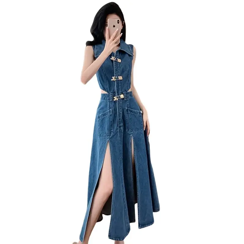 Women 2025 Designer Denim Long Dresses Sexy Buttons Turn-down Collar Split High Waist Jeans Vestidos Dew Waist Dress