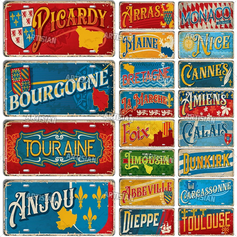 Artisian France Province Ctiy Metal Sign Landmark License Plate Travel Car Plate Decorative Tin Plaque Wall Decor Garage Bar Pub