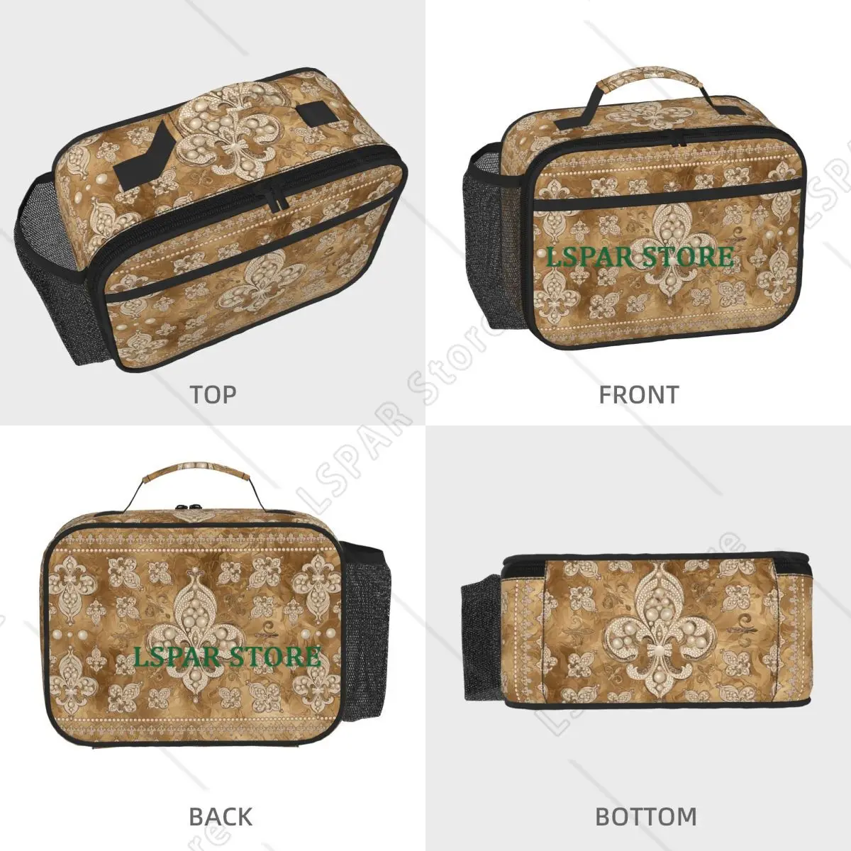 Fleur-de-lis Luxury Pearl And Gold Insulated Lunch Bag for Women Children Portable Food Boxes Thermal Lunch Box Tote