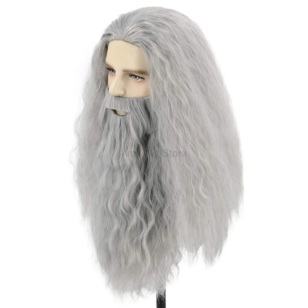 Theme Party Grandpa Long Curly Grey Mens Wigs With Mustache Halloween Cosplay Costume Party Wig False Beard