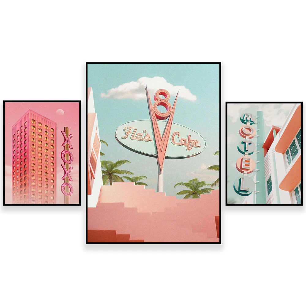 Vintage travel poster, cafe, motel, x'o'x'o logo print, travel photo art, surreal vintage wall print print