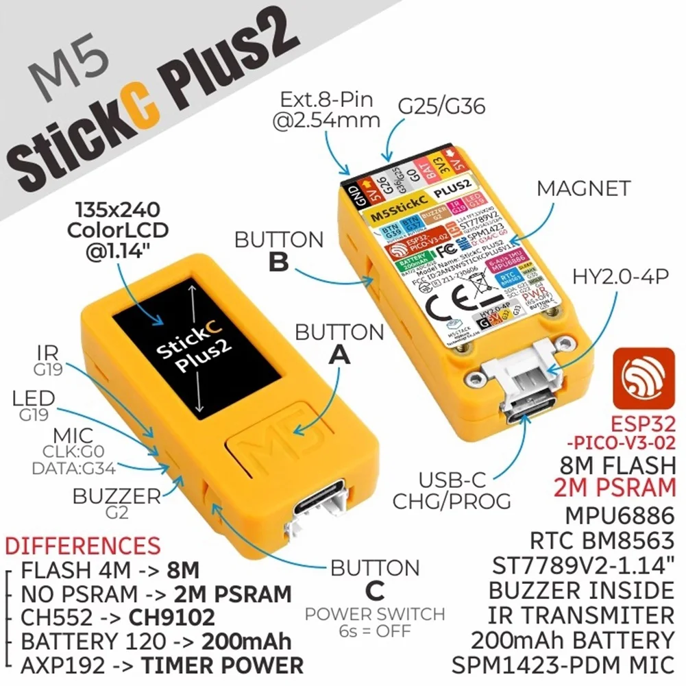 M5StickC PLUS2 ESP32 Mini IoT Development Board ESP32-PICO-V3-02 Graphical Programming Suite IoT Yellow