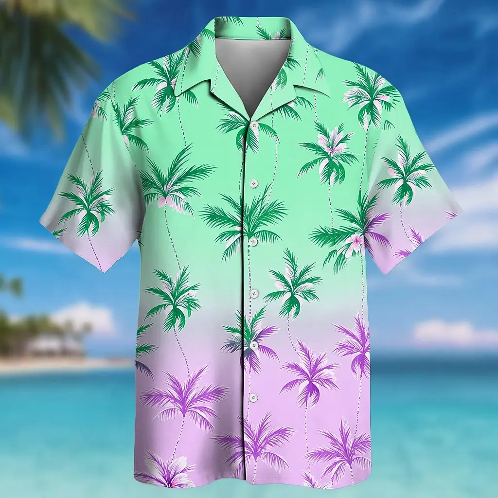 

Men's Gradient Palm Tree Print Button Down Shirt, Casual Tops for Spring Summer Beachwear & Vacation Occasions