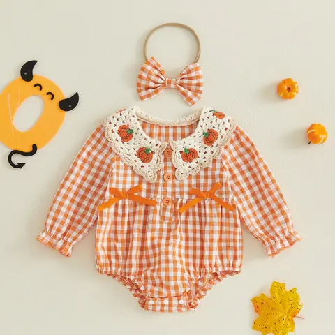 Conjunto de Roupas para Bebê Menina Citgeett para Outono e Halloween, Macacão com Gola de Abóbora, Mangas Longas Xadrez e Faixa de Cabelo