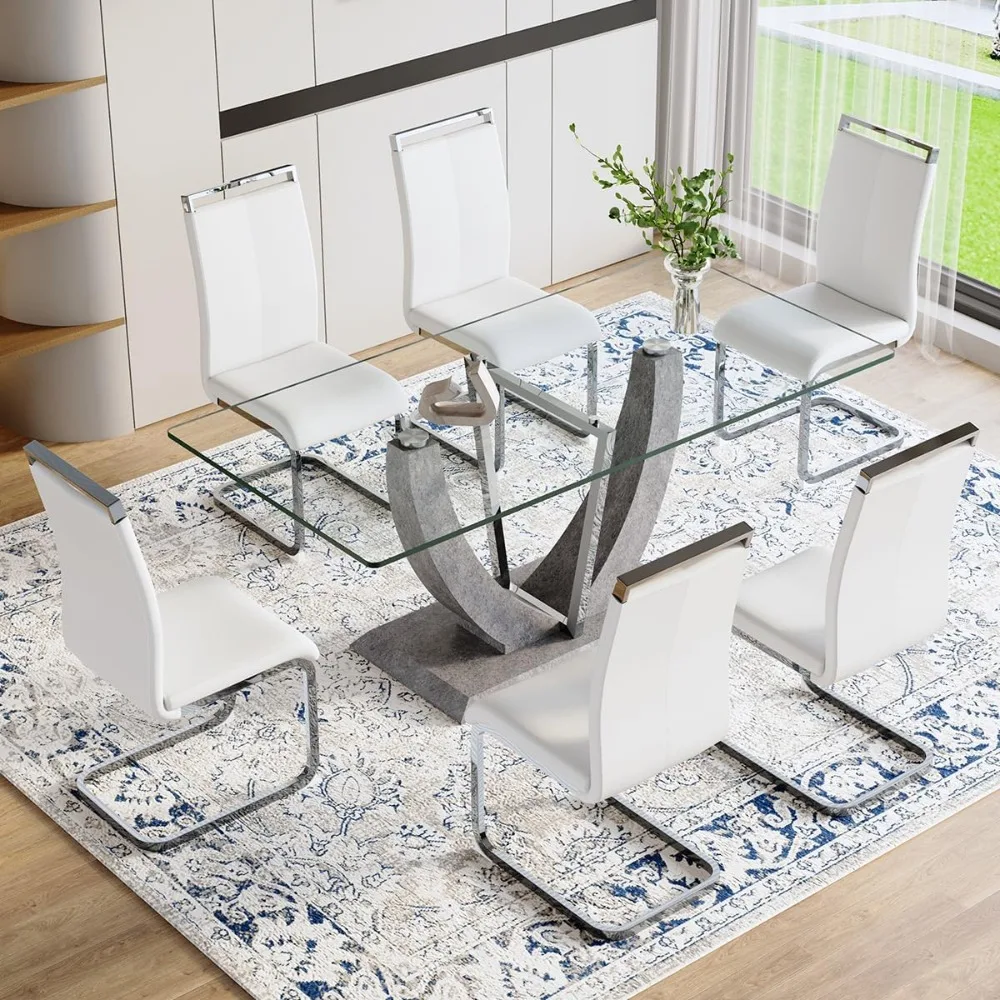 

71" Glass Dining Table Set for 6, 7 Piece Dining Room Table Set with Upholstered Chairs, Kitchen Table Set for 6 for Home