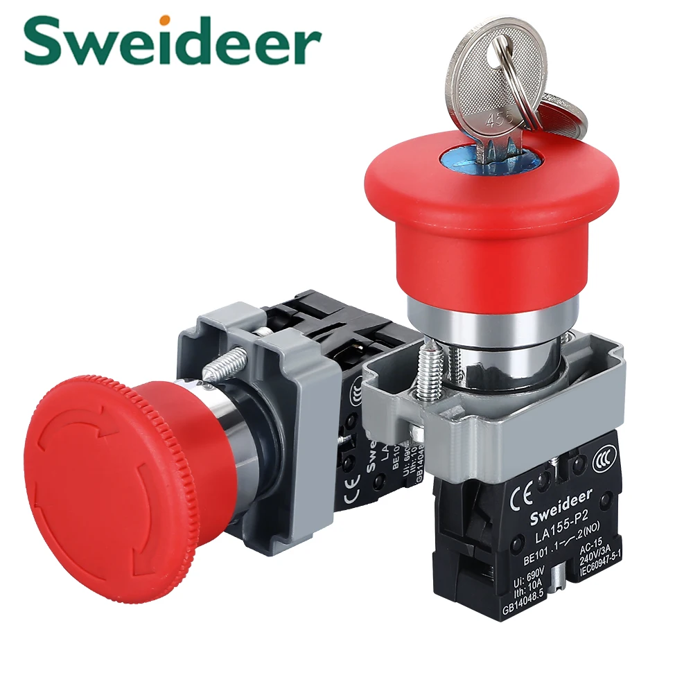 22Mm Paddestoel Noodstop Schakelaar XB2-BS542 BS442 BS642 BS142 10A Sleutel Noodstop Knop Schakelaar Starter Switch