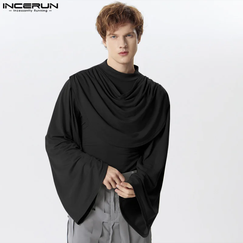 2024 Men T Shirt Turtleneck Long Sleeve Pleated Male Irregular Tee Tops Streetwear Solid Color Casual Fashion Camisetas INCERUN