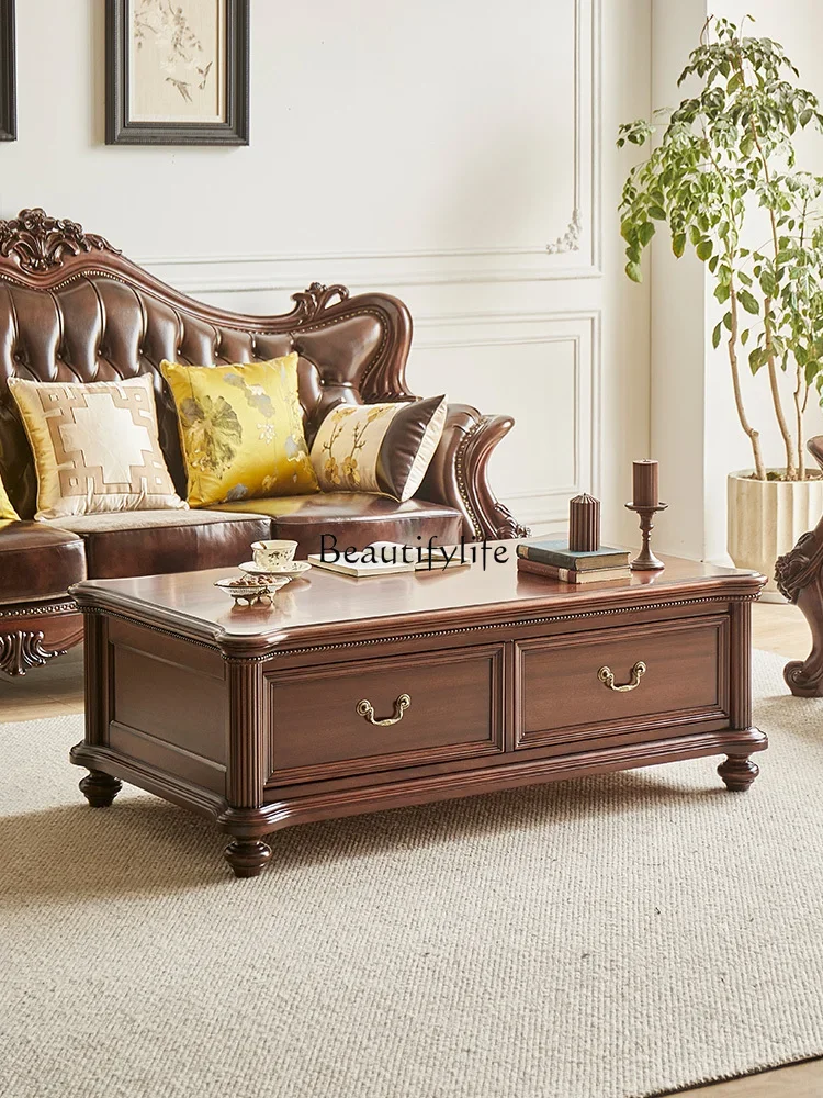 

yj19 American Style Solid Wood Coffee Table Modern Minimalist Living Room with Drawer Storage Organizer Coffee Table