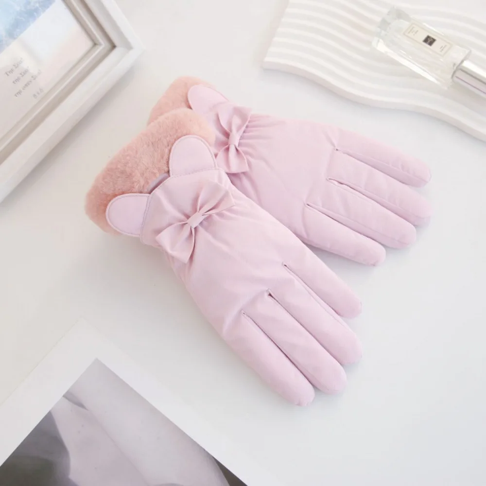 Cute Down Cotton Bow Anti-cold Mittens Touch Screen Soft Ears Finger Mittens Waterproof Swen Thickened Gloves Winter