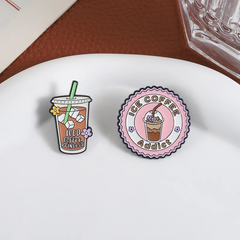 Ice Coffee Addict Enamel Pins Ice Coffee Princess Coffee Lover Brooches Lapel Backpack Badge Fashion Jewelry Gifts for Friends