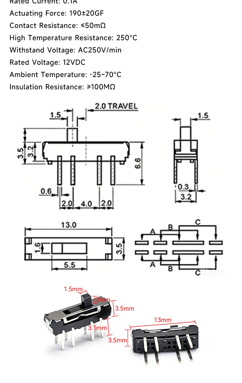 5 Stück Mini-SPDT-Schiebe-Kippschaltergriff 3/5mm MSS-22D018 SS-12D00 SK-22D07 MSK-12C02 SS-12F44 MSK23D19 - Elektronisches Bauteil – Detail 20