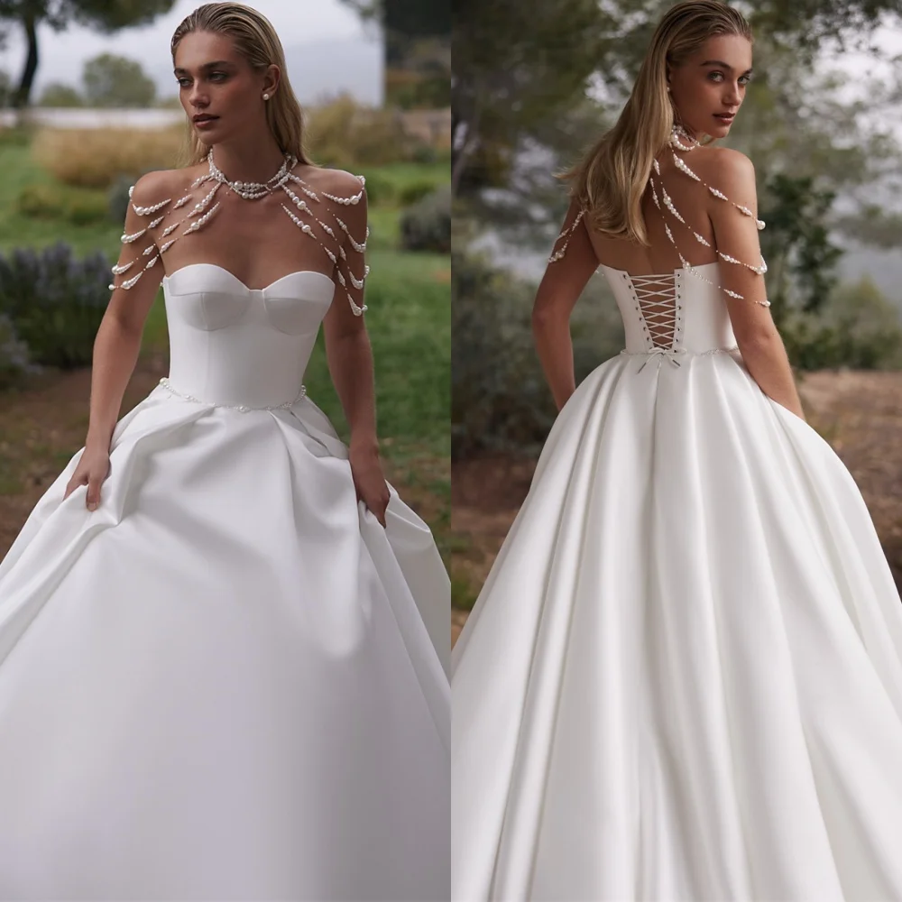 

Customized Classic Satin Wedding Dresses Dreamy Sweetheart Sleeveless Heavy Industry Wedding Dresses Lace Up Back Bride Gowns