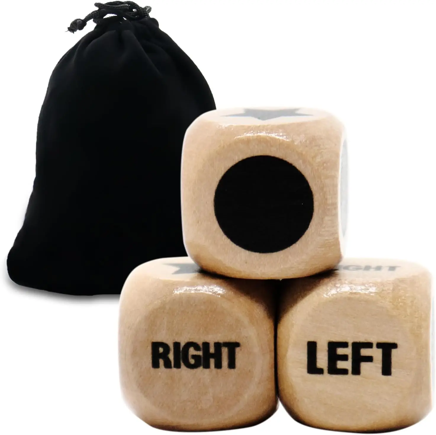 

Left Right Center Game Dice Set - 3 Wooden Dice with Drawstring Bag, 16mm Standard Size for Party Games