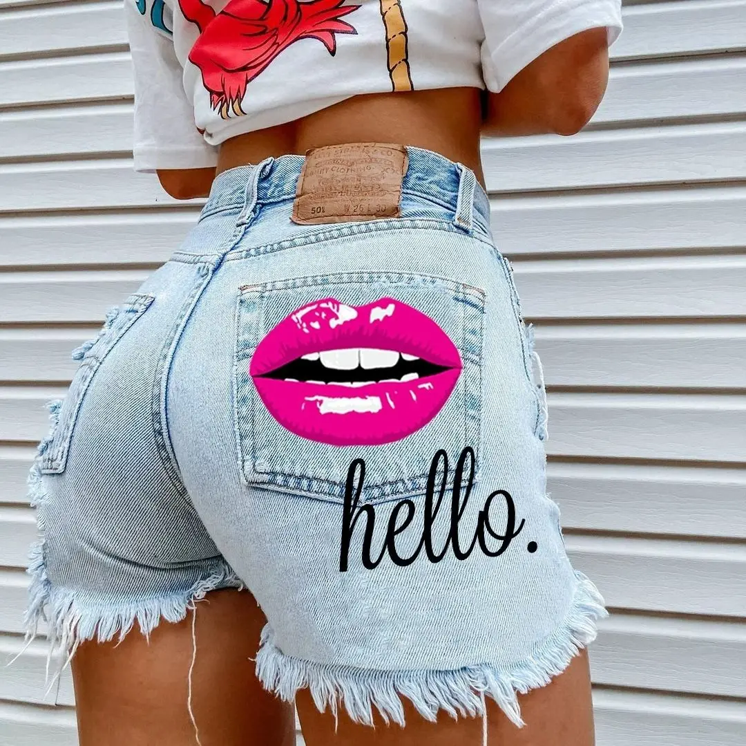 

Denim Shorts Worn Torn Sense Of Lip Design High Waisted Printing Tassels Shorts Fashion Y2K Street Style Women Casual