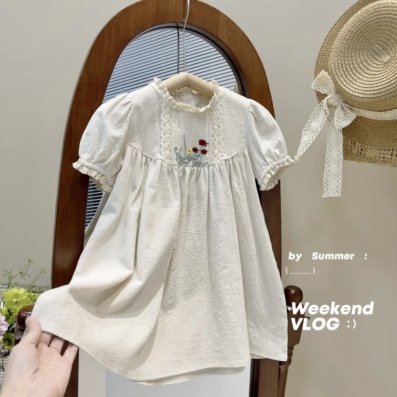 Girls' Cotton and Linen Embroidery Dress Summer2024New Western Style Little Girl Bubble Sleeve Princess Dress23075