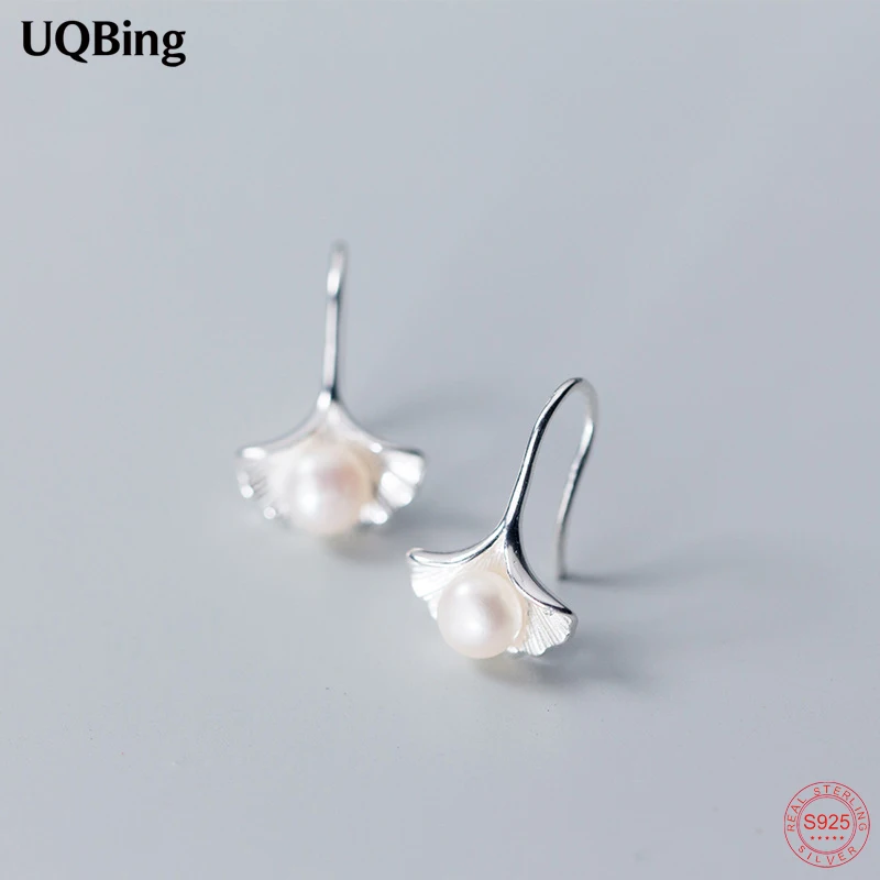 925 Sterling Silver Small Fresh Ginkgo Leaf Fresh Water Pearl Sweet Short Drop Earrings