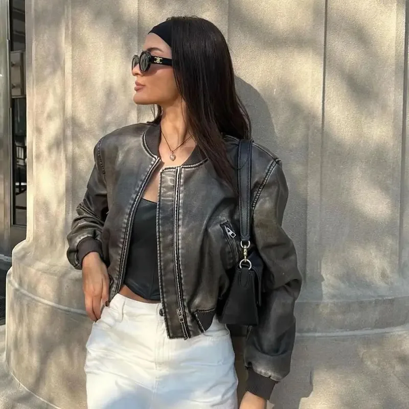 

Bonny женская винтажная потертая кожаная куртка большого размера с воротником-стойкой и градиентной молнией, весенний короткий плащ