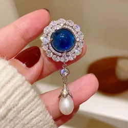 French High-grade Natural Fresh Water Pearl Pendant Brooches for Women Elegant Retro Glaze Sapphire Gorgeous Corsage Jewelry Pin