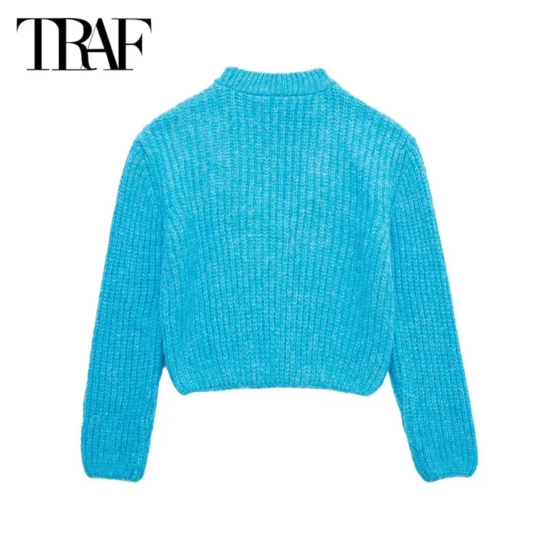 TRAF Blue Cropped Sweaters for Women Autumn Winter Knitted Sweater Woman Cut out Knitwear Pullover Long Sleeve Jersey Woman 2024