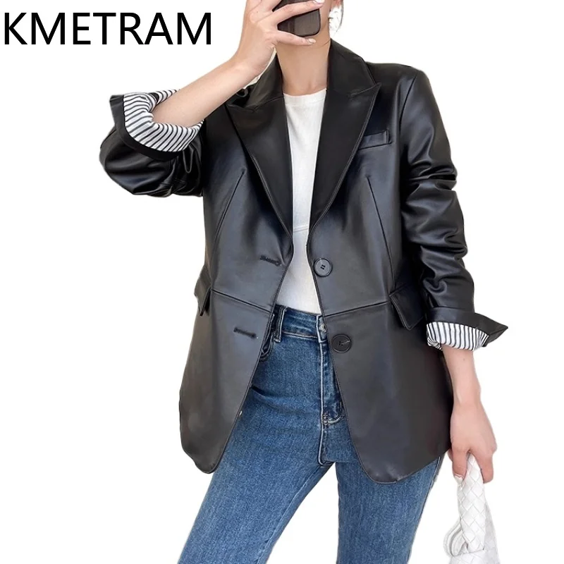 KMETRAM Naturalna Skórzana Kurtka Damska z Naturalnej Skóry Owczej Wysokiej Jakości Czarna Krótka Prawdziwa Skórzana Kurtka Damska Płaszcz Jesień 2025