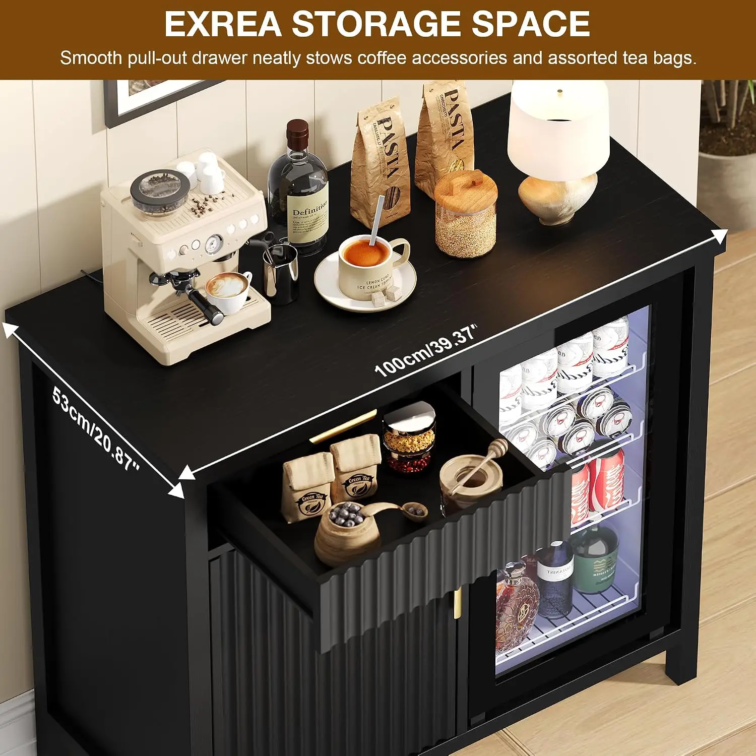 Fluted Coffee Bar Cabinet with Mini Fridge Space, 39.3