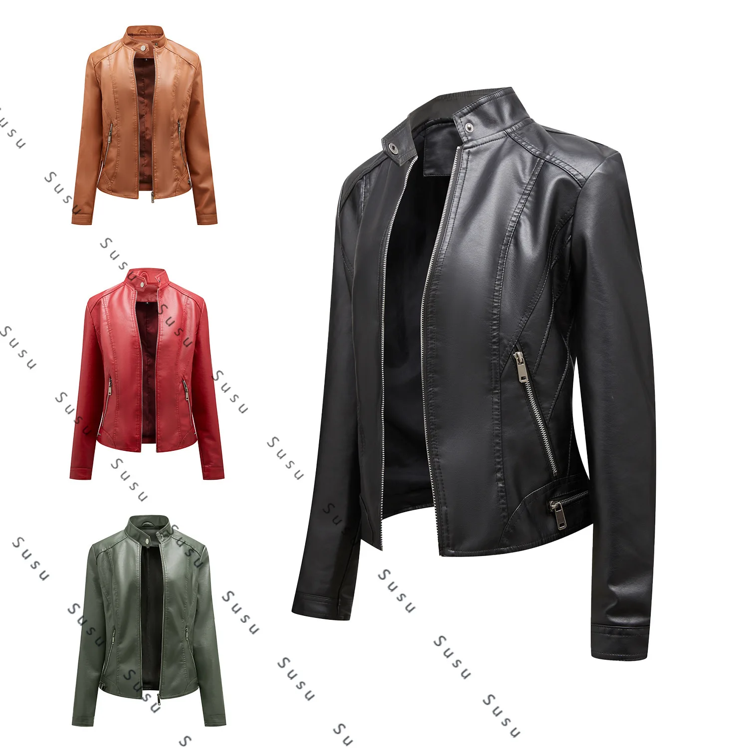 

2025 new European and American simple casual leather jacket women's stand-up collar zipper slim locomotive clothing short jacket