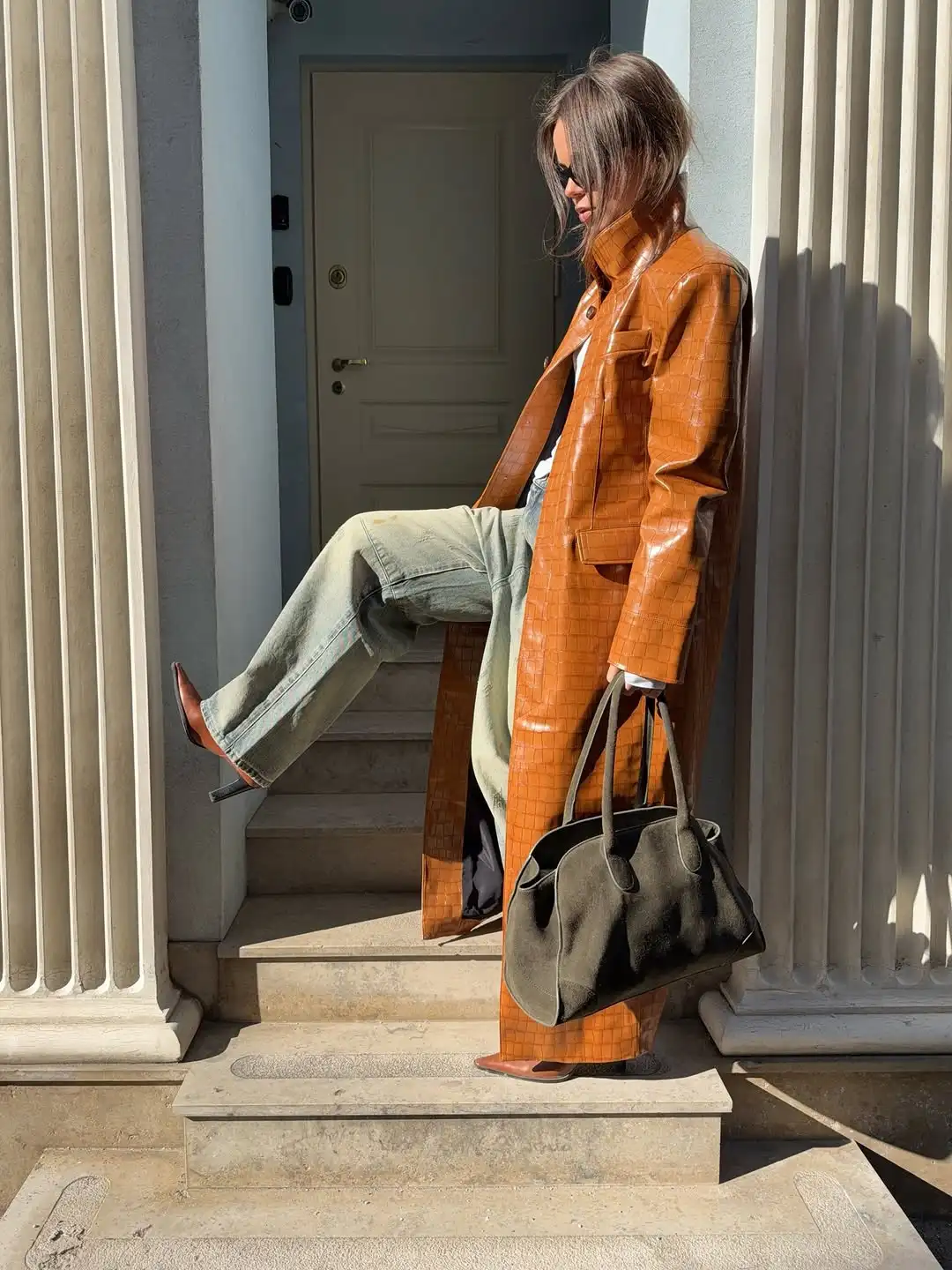 Solid Croc Embossed Faux Leather Long Trench Coat Lapel Single Breasted Straight Long Front Pockets Women Vintage Autumn Winter