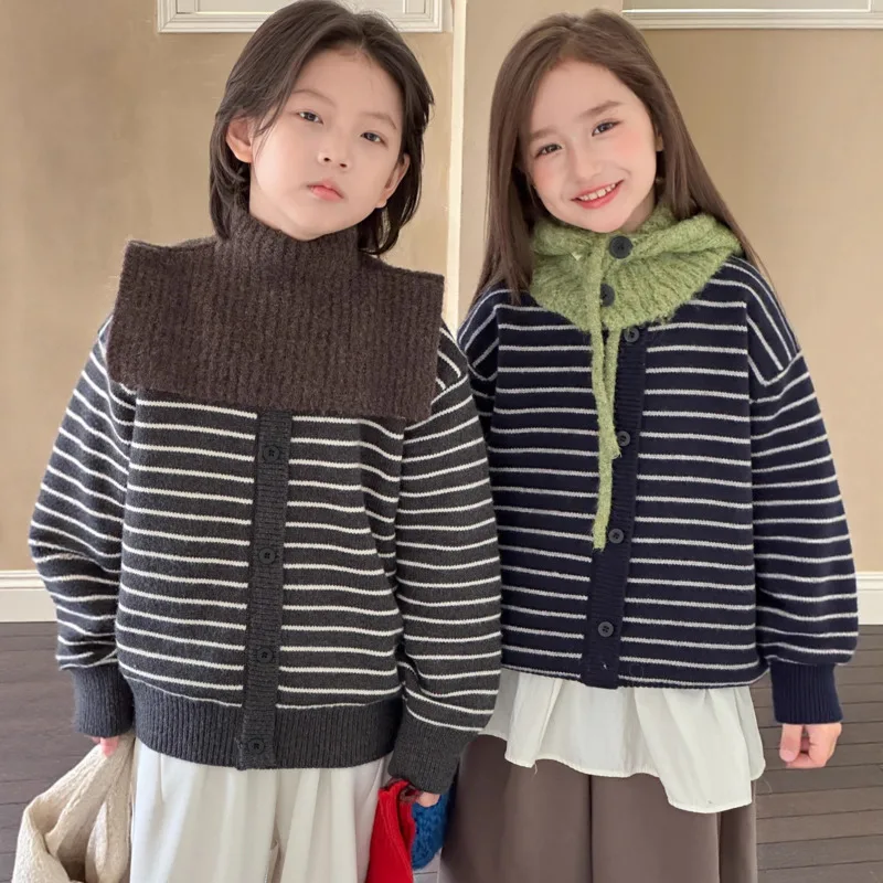 2026 Autumn Winter Causal Fashion Children Boy Girl Thick Warm Sweater Striped Jumper Inner 2-12 Years Toddler Outfit
