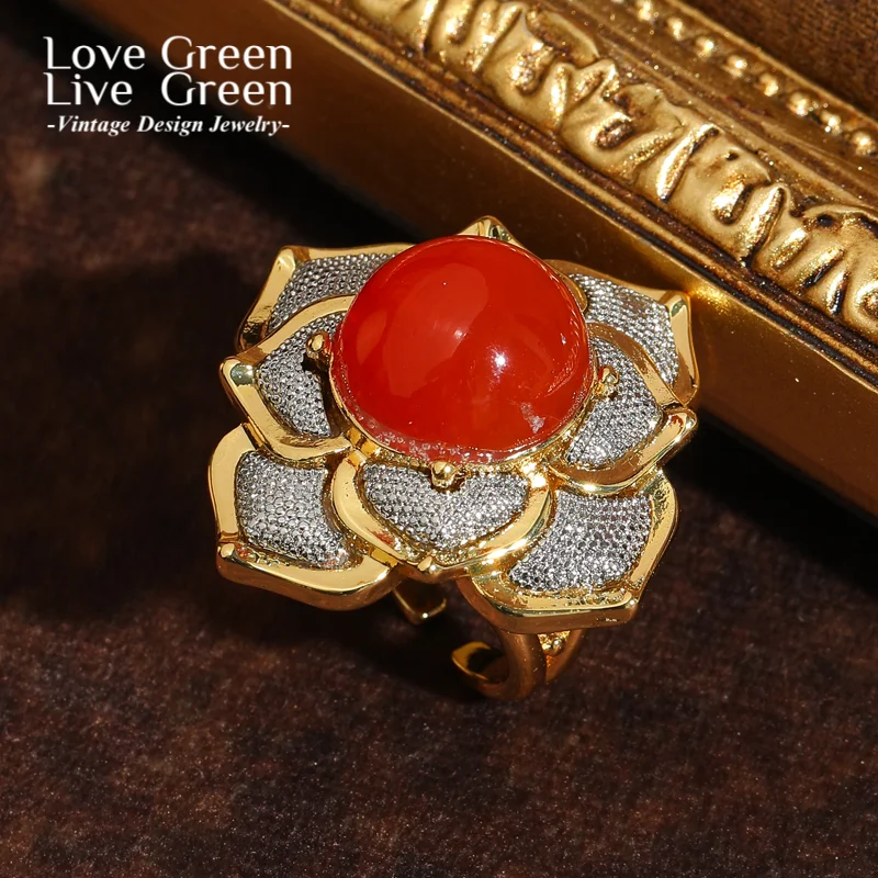 

Vintage Red Agate Rich Flower Rings For Woman Accessories Gold Color Luxury Dubai Jewelry Trends 2025 High Quality New