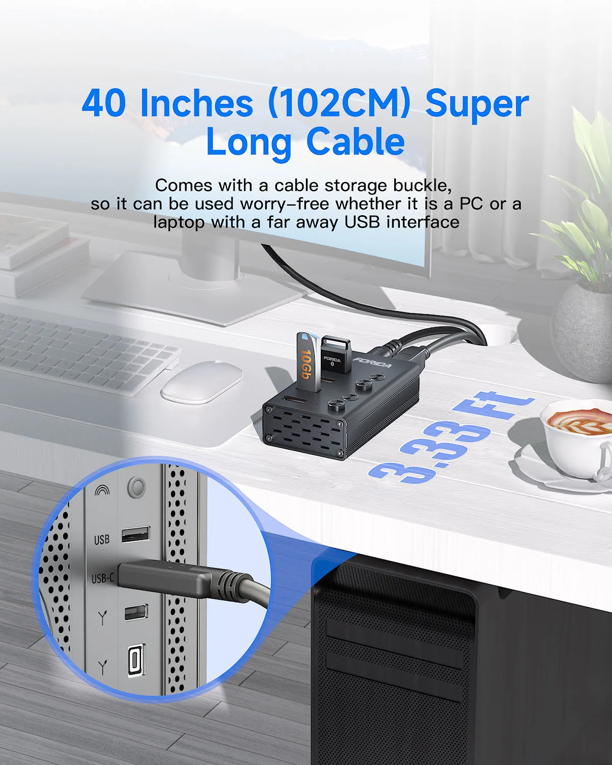 FORIDA USB 3.2 Hub 10Gbps 4 Ports USB Splitter with 3.3ft Long Cable LED Switches 5V Power Adapter for Laptop  MacBook