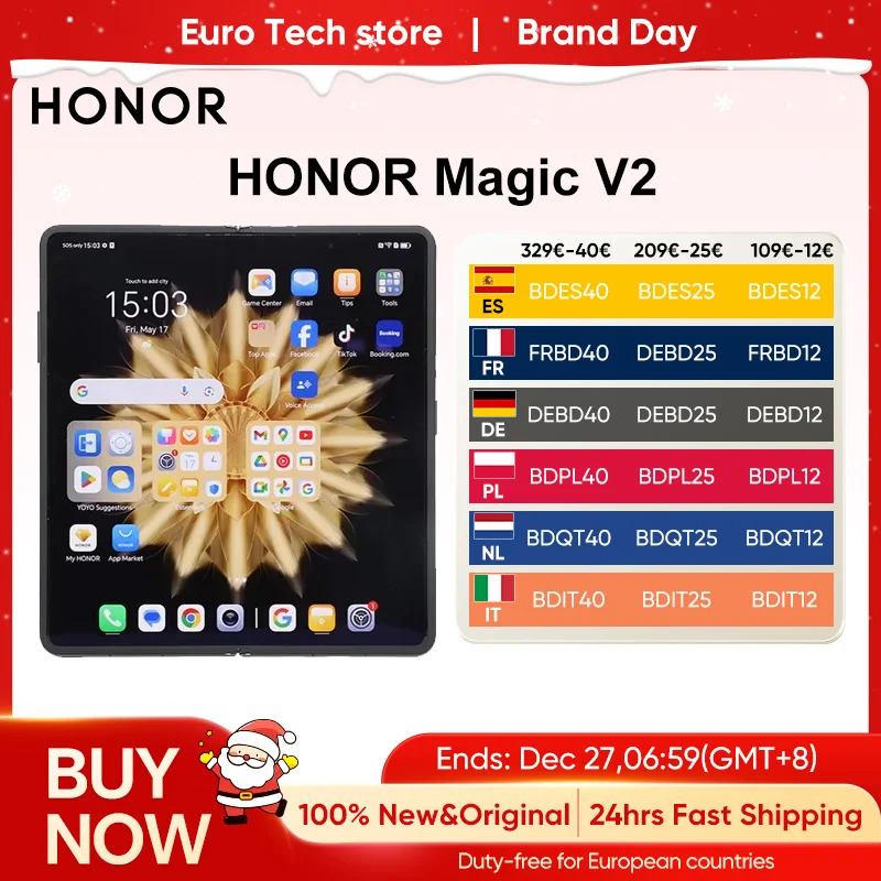 Version mondiale Honor Magic V2 5G Smartphone pliable Snapdragon 8 Gen2 LTPO écran OLED 120Hz 50MP Triple caméra Android Mobile